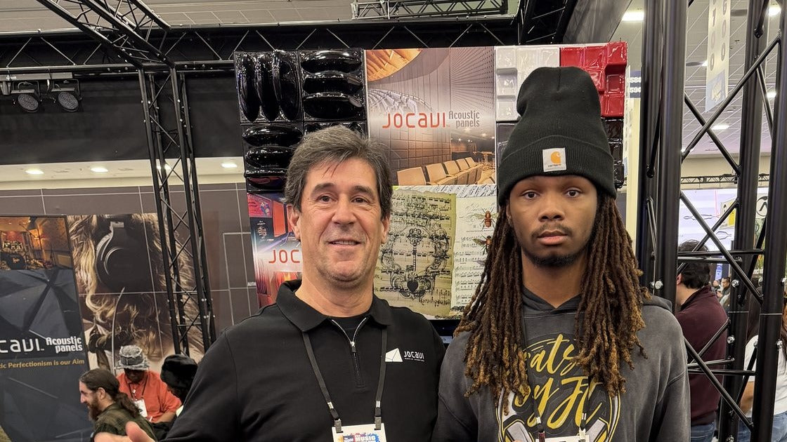 JT at the Jocavi Acoustic Panels booth during NAMM.